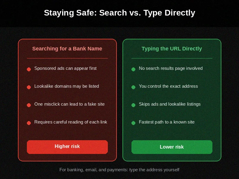 Comparison of risks between searching a bank name and typing the URL directly
