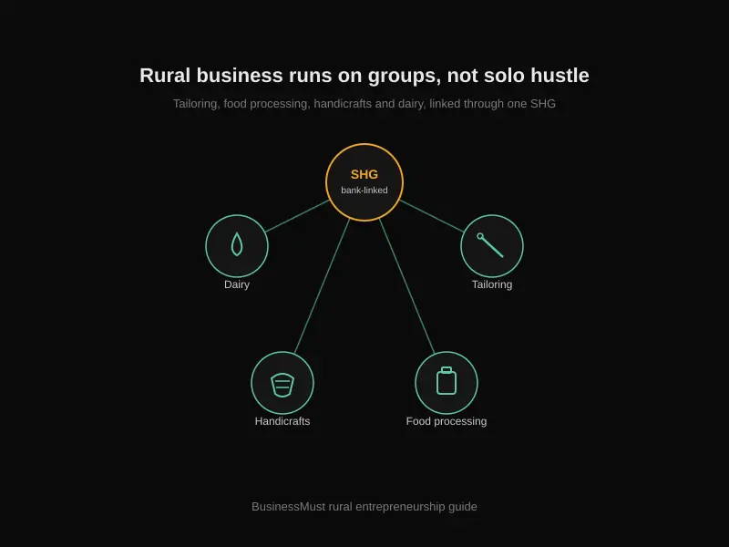 Self-help group network connecting rural business ideas for women, tailoring, dairy, food processing and handicrafts