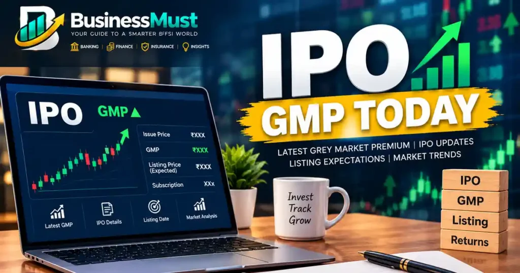 IPO GMP today featured image with live grey market premium dashboard, listing price and IPO returns