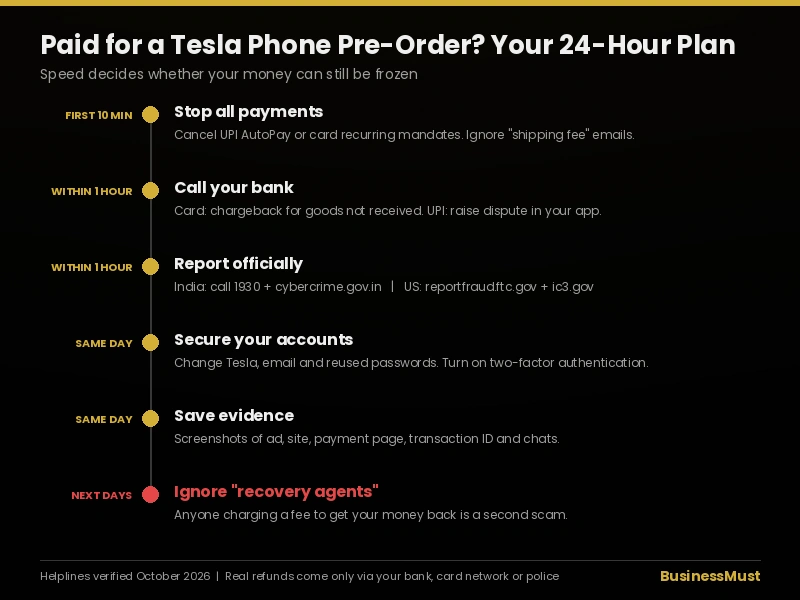 Tesla phone pre-order scam 24-hour recovery plan with bank, 1930 and cybercrime reporting steps